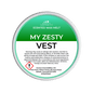 Scented wax melt container labeled 'My Zesty Vest' with green and white design.