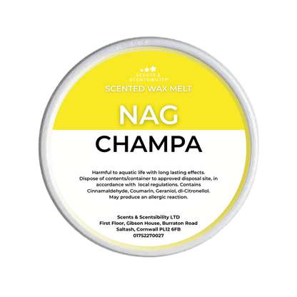 Scented wax melt container labeled 'NAG Champa' on a green background