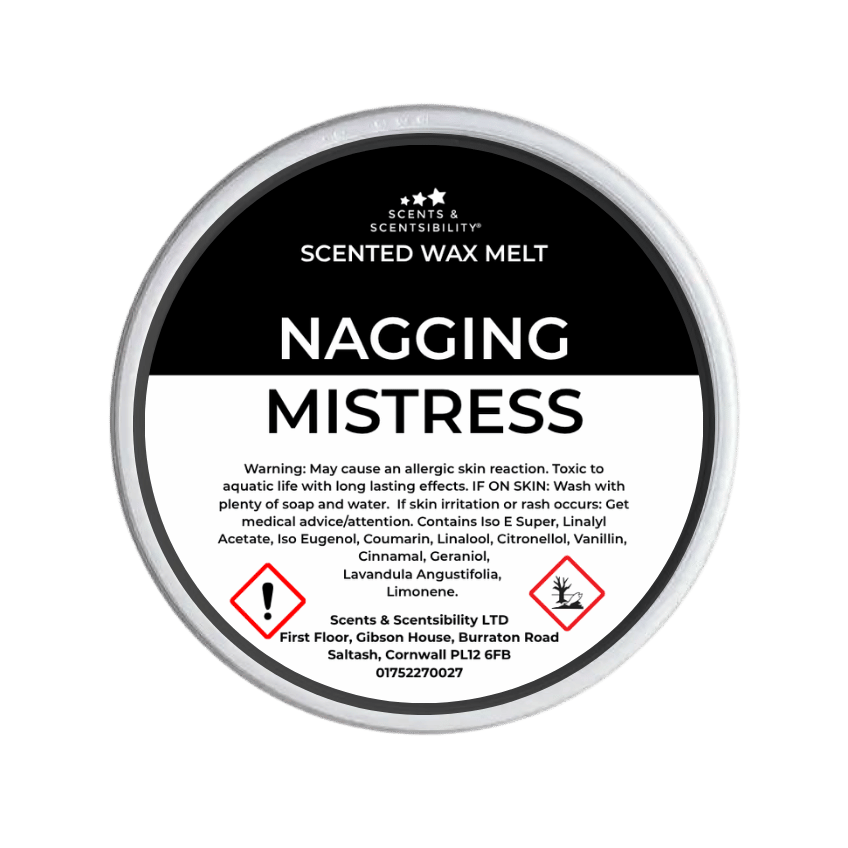 Scented wax melt container labeled 'Nagging Mistress' with branding and warning information.