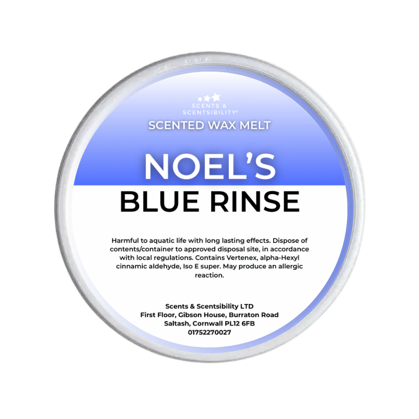 Scented wax melt container labeled 'Noel's Blue Rinse' with blue and white design.