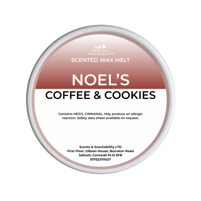 Scented wax melt container labeled 'Noel's Coffee & Cookies' on a green background