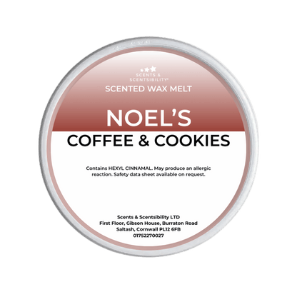Scented wax melt container labeled 'Noel's Coffee & Cookies' on a green background
