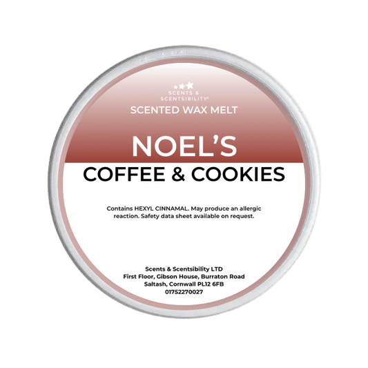 Scented wax melt container labeled 'Noel's Coffee & Cookies' on a green background