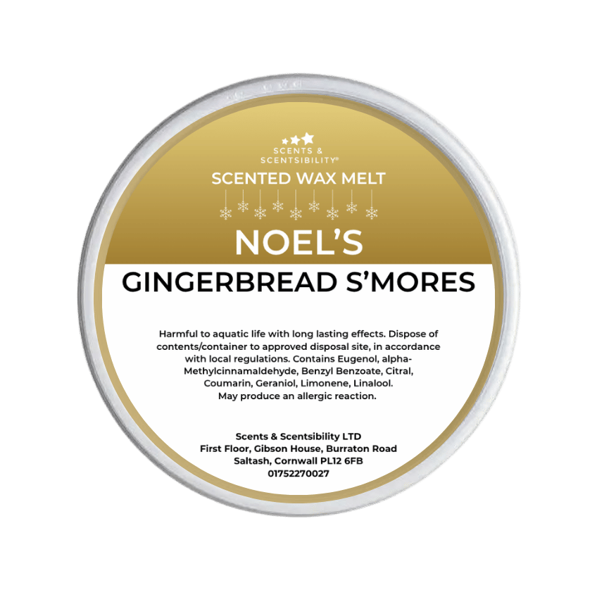 Scented wax melt container labeled 'Noel's Gingerbread S'mores' on a green background
