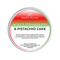 Scented wax melt container labeled 'Strawberry & Pistachio Cake' with green, red and white design.