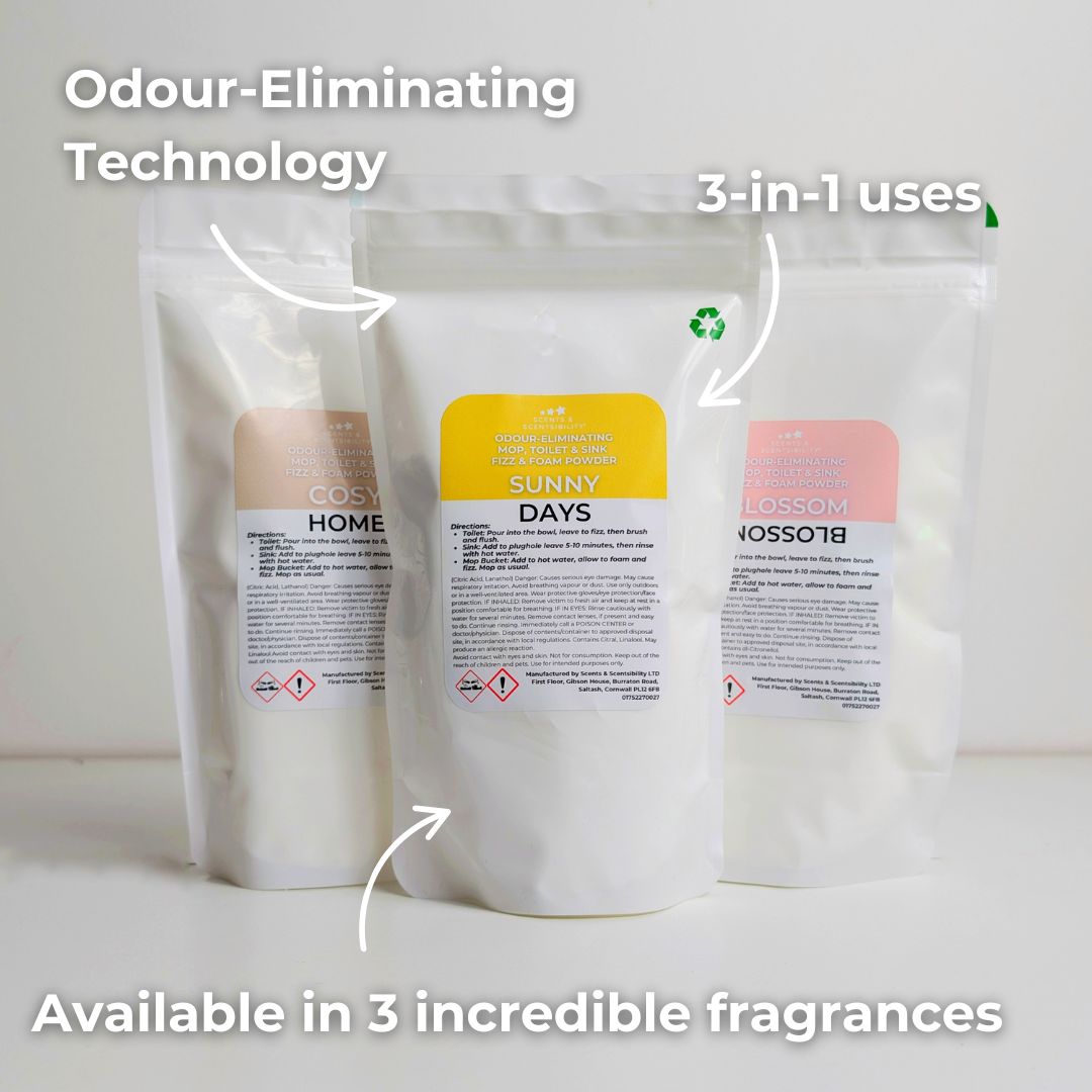 An information poster showing three white pouches of Odour Eliminator Mop, Sink & Toilet Freshening Fizz and Foam Powder