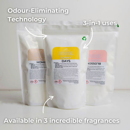 An information poster showing three white pouches of Odour Eliminator Mop, Sink & Toilet Freshening Fizz and Foam Powder