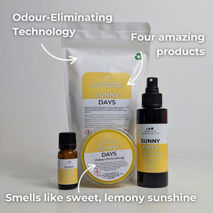 Sunny Days product packaging with text highlighting features on a white background