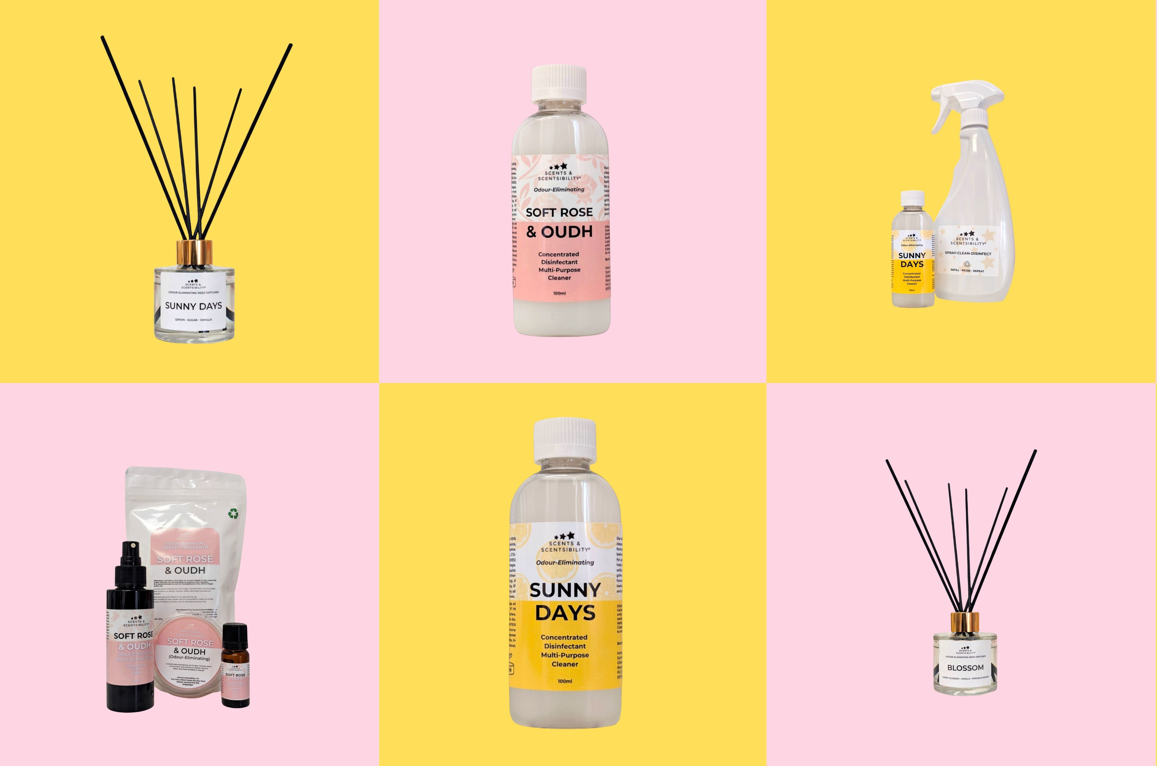 A selection of odour-eliminating products on a bright background