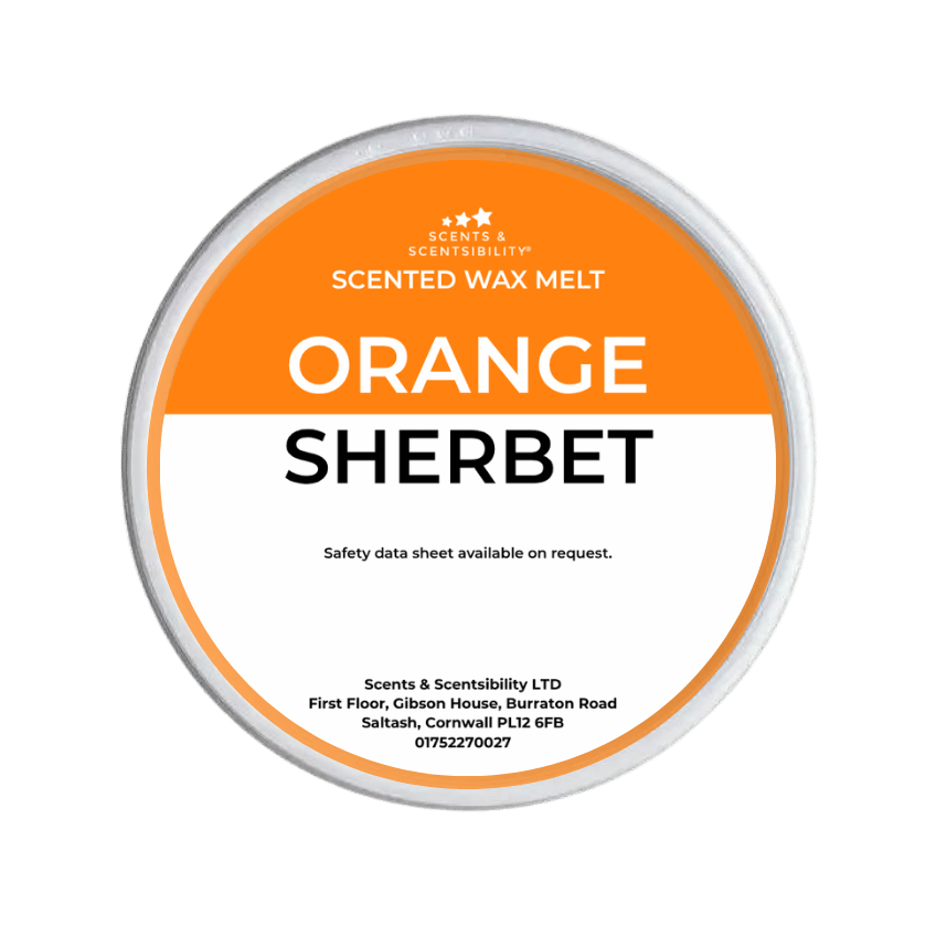 Scented wax melt container labeled 'Orange Sherbet' on a green background