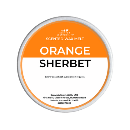 Scented wax melt container labeled 'Orange Sherbet' on a green background