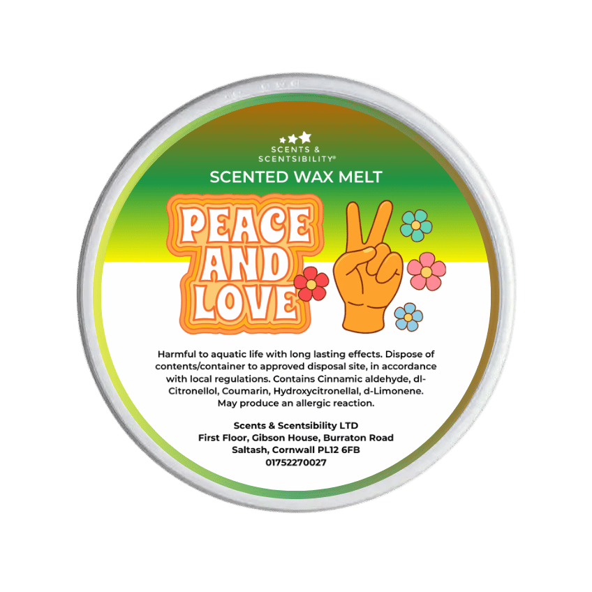 Scented wax melt container with 'Peace and Love' design on a green background