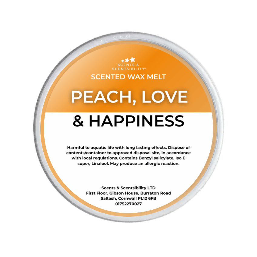 A Scents & Scentsibility Scented Wax Melt in the scent 'Peach, Love & Happiness' against a solid dark green background.