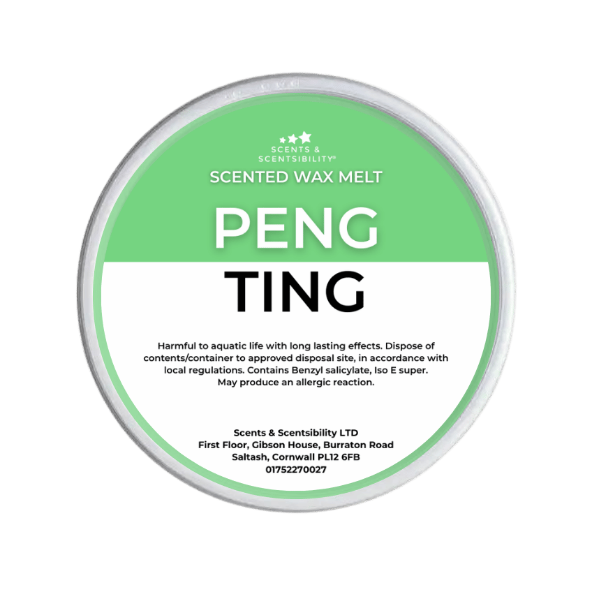 Scented wax melt container labeled 'Peng Ting' on a green background