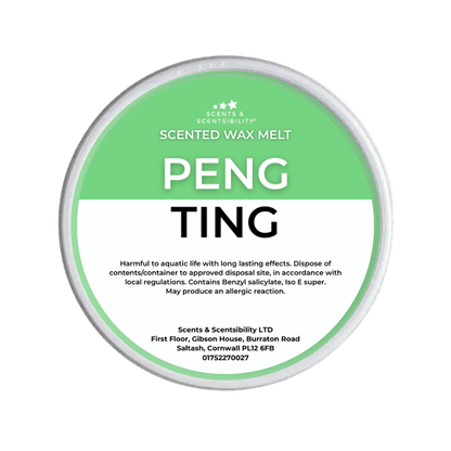 Scented wax melt container labeled 'Peng Ting' on a green background