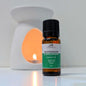 A 10ml bottle of Scents & Scentsibility Peppermint & Spearmint Fragrance Oil in an amber glass bottle with a black cap, set against a blurred white diffuser with a warm orange glow.