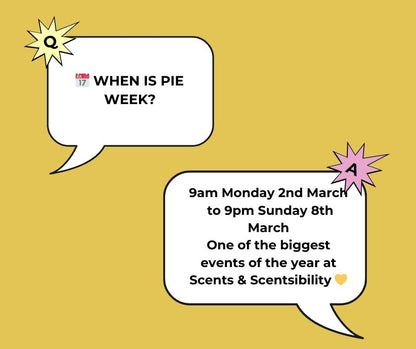 Promotional graphic for Pie Week with speech bubbles on a yellow background