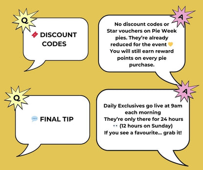 Comic-style text bubbles with discount information on a yellow background