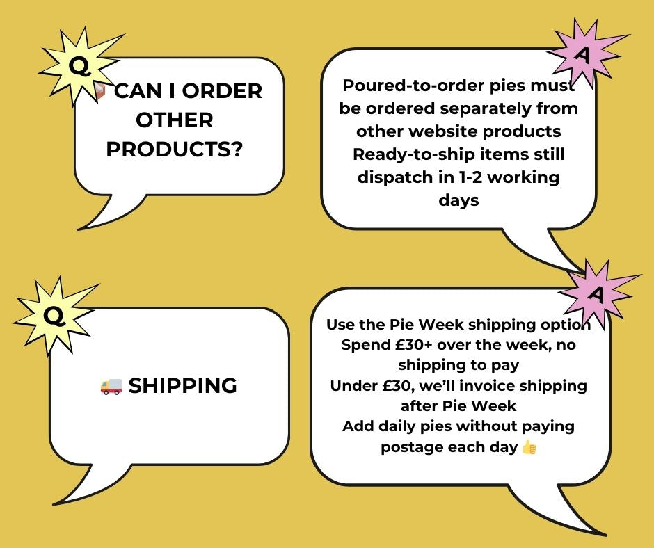 Comic-style text bubbles with questions and answers about ordering products and shipping on a yellow background.