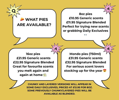Promotional text on a yellow background with speech bubbles detailing different pie options and prices.
