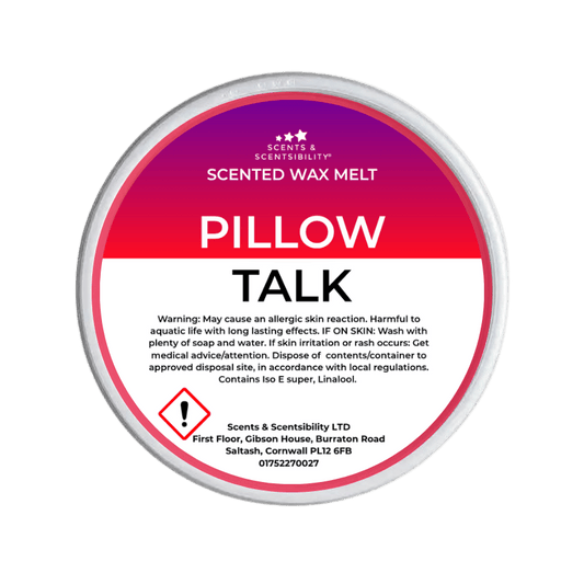 Scented wax melt container labeled 'Pillow Talk' on a green background