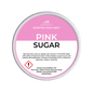 Scented wax melt container labeled 'Pink Sugar' with branding and contact information on a green background.