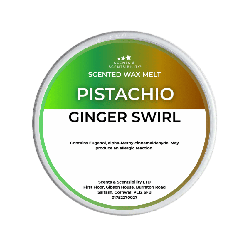 Scented wax melt packaging labelled Pistachio Ginger Swirl