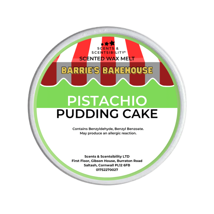 Barrie's Bakehouse pistachio pudding cake scented wax melt container on a green background