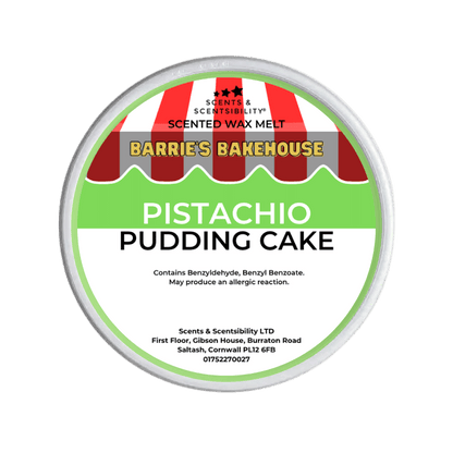 Barrie's Bakehouse pistachio pudding cake scented wax melt container on a green background