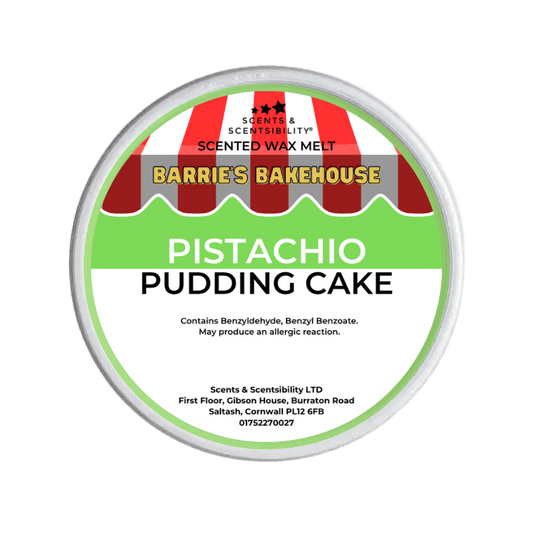 Barrie's Bakehouse pistachio pudding cake scented wax melt container on a green background
