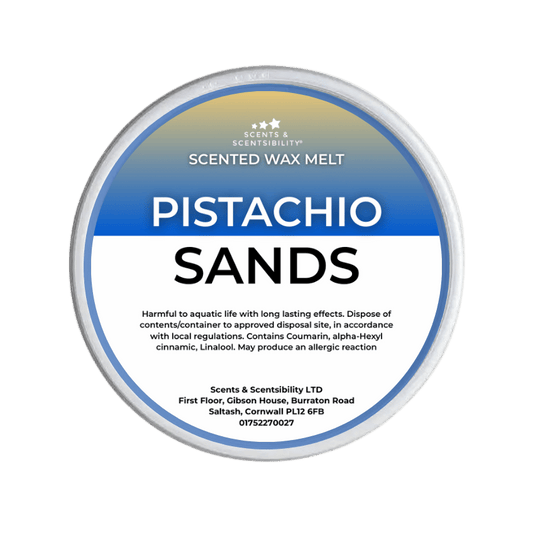 Pistachio Sands scented wax melt container with label on a green background