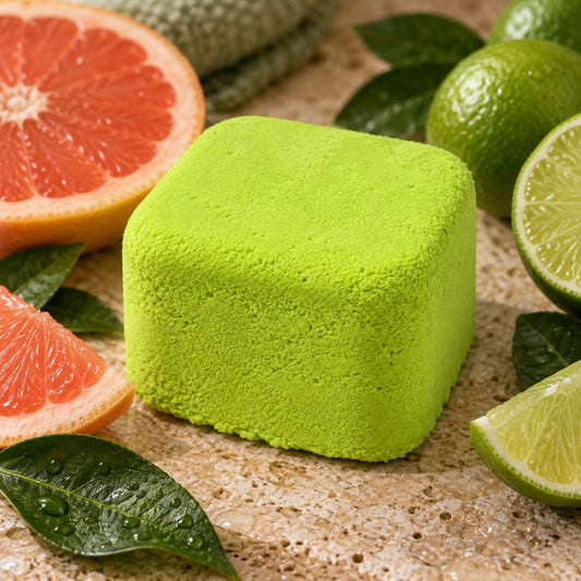 A bright lime green square shower steamer centered on a stone surface, surrounded by citrus slices, whole limes, grapefruit, and green leaves.