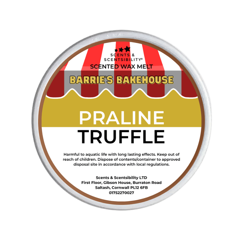 Scented wax melt container labeled 'Praline Truffle' from Barrie's Bakehouse on a green background