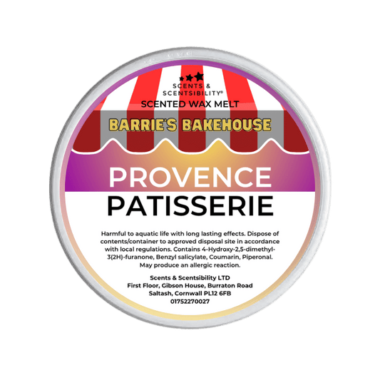 Scented wax melt container with 'Barrie's Bakehouse' branding on a green background