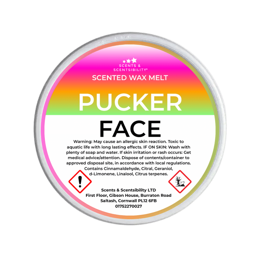 Scented wax melt container labeled 'Pucker Face' with a colorful label on a green background.