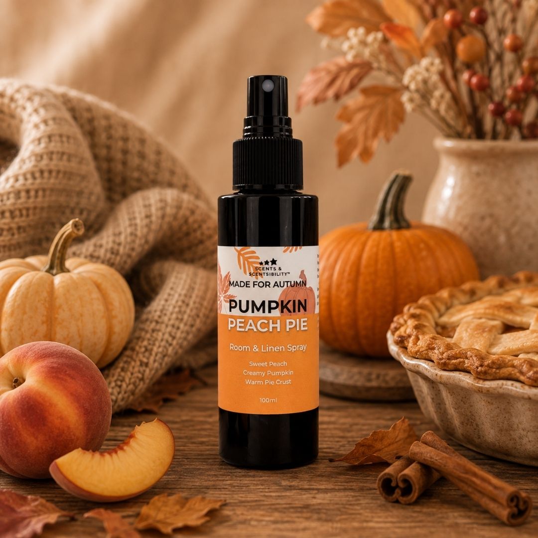 Made For Autumn Pumpkin Peach Pie Room & Linen Spray styled in a warm autumn setting with subtle pumpkin and peach details and cosy natural textures.