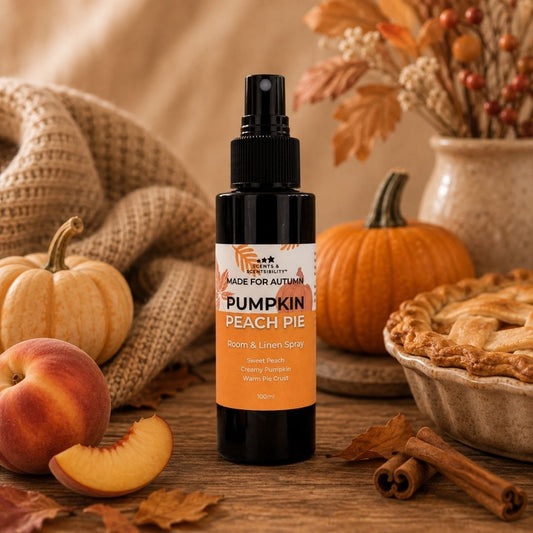 Made For Autumn Pumpkin Peach Pie Room & Linen Spray styled in a warm autumn setting with subtle pumpkin and peach details and cosy natural textures.