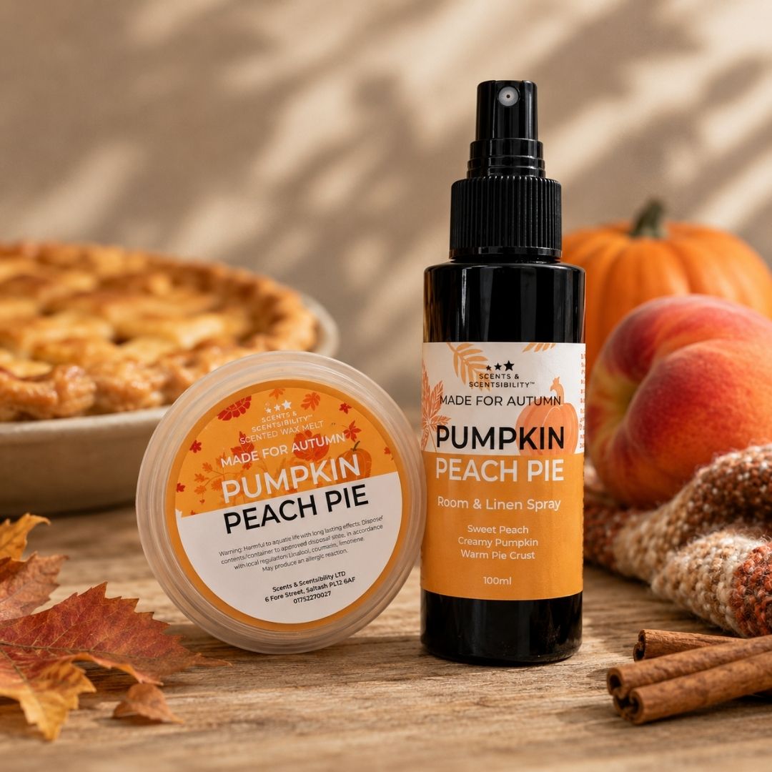 Made For Autumn Pumpkin Peach Pie Room & Linen Spray and scented wax melt styled together in a warm autumn setting with subtle pumpkin, peach and cosy rustic details.
