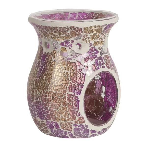 Purple & Gold Crackle Wax Melt Warmer and Oil Burner featuring shimmering purple, gold and silver mosaic glass, a rounded shape, integrated warming dish and circular tealight opening.