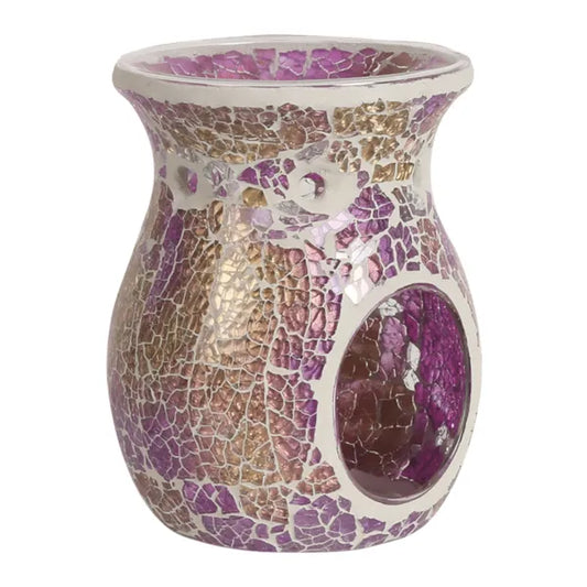 Purple & Gold Crackle Wax Melt Warmer and Oil Burner featuring shimmering purple, gold and silver mosaic glass, a rounded shape, integrated warming dish and circular tealight opening.