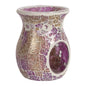 Purple & Gold Crackle Wax Melt Warmer and Oil Burner featuring shimmering purple, gold and silver mosaic glass, a rounded shape, integrated warming dish and circular tealight opening.