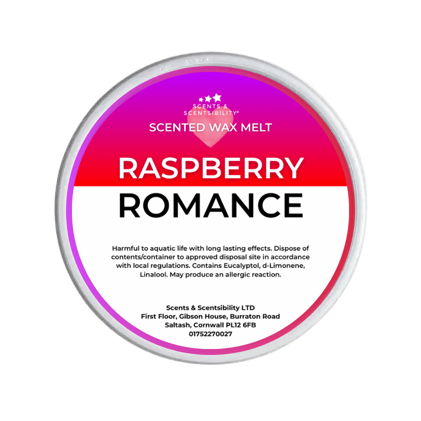 Scented wax melt container labeled 'Raspberry Romance' on a green background