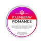 Scented wax melt container labeled 'Raspberry Romance' on a green background