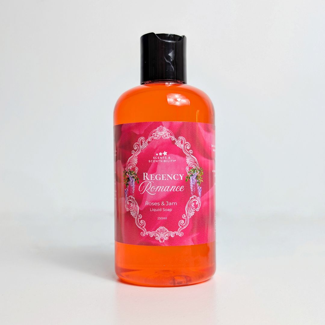 Bottle of 'Regency Romance' liquid soap with a pink label on a white background
