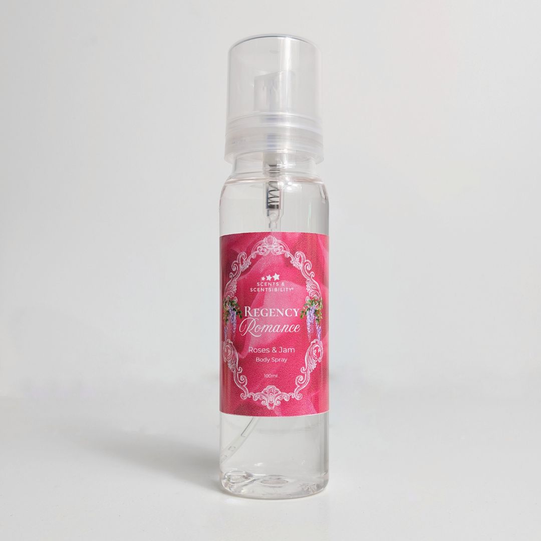 Clear spray bottle with a pink label on a light gray background