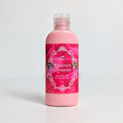 Pink bottle of Regency Romance body lotion on a light gray background