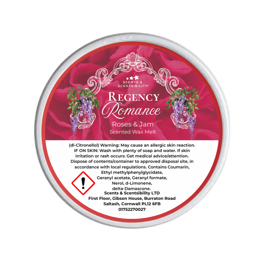 Scented wax melt container labeled 'Regency Romance Roses & Jam' with branding and warning text.
