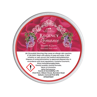 Scented wax melt container labeled 'Regency Romance Roses & Jam' with branding and warning text.