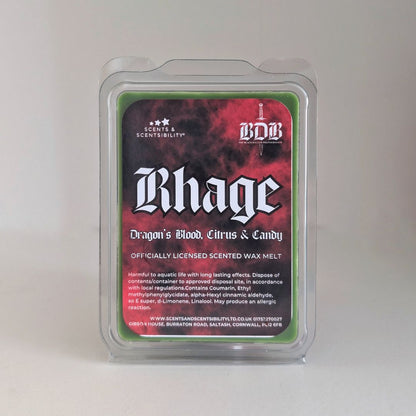 Scented wax melt package labeled 'Rhage' with branding on a light gray background