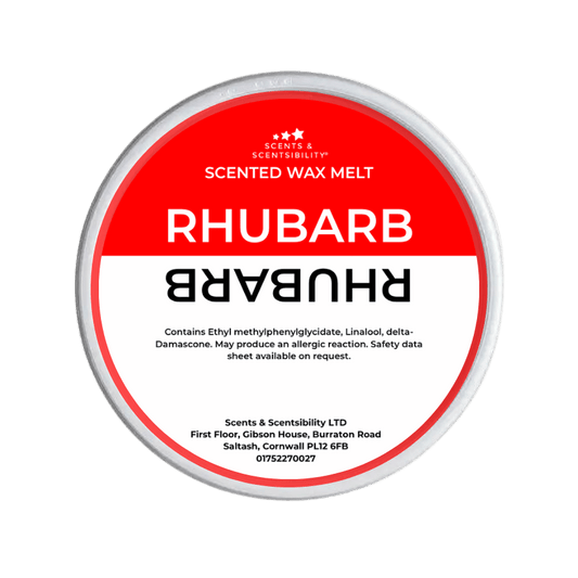 Scented wax melt container labeled 'Rhubarb' on a red background